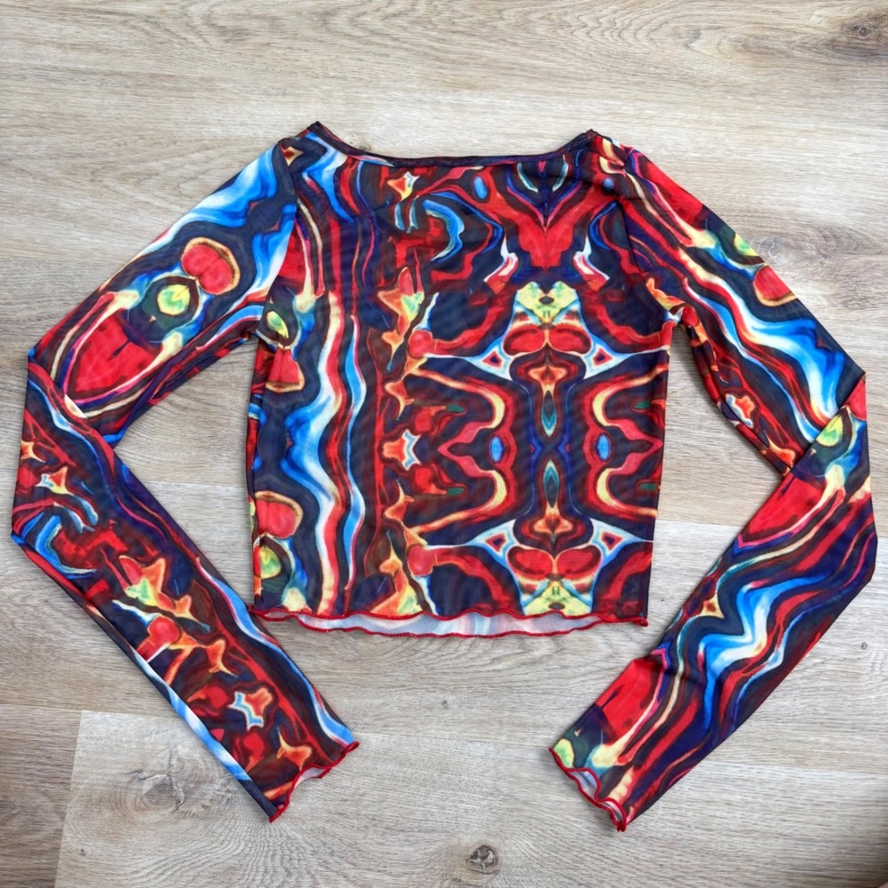 Kendall + Kylie Abstract Red Spice Sheer Mesh CropTop Women M  Festival Edgy Y2K - Picture 6 of 6
